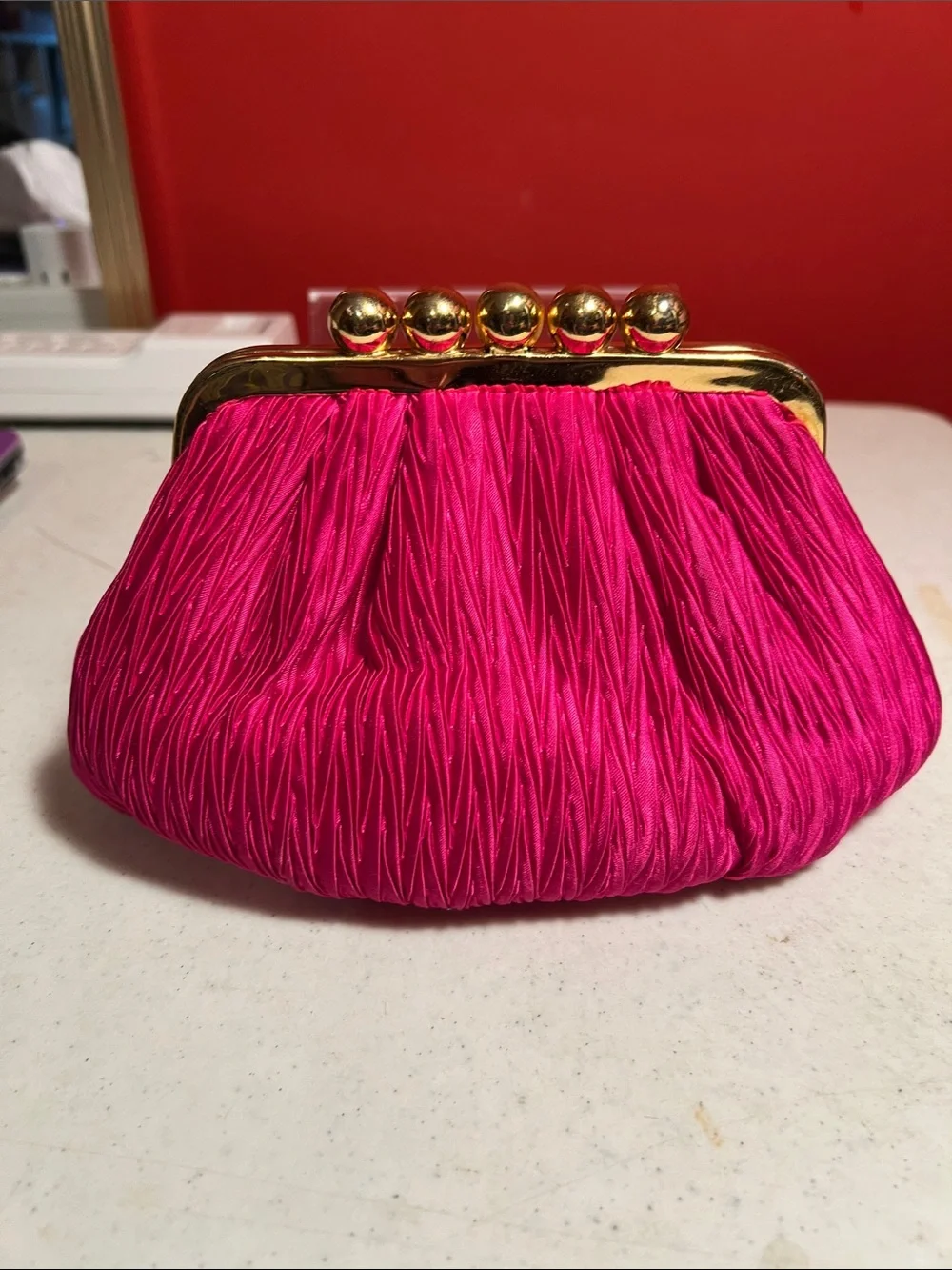 Hot Pink Pleated Clasp Evening Clutch